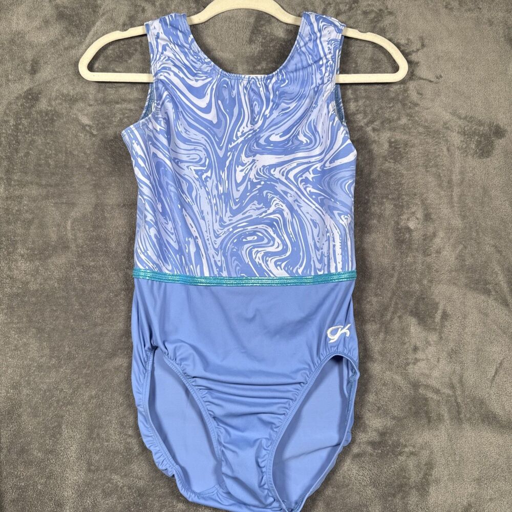 GK Elite Girls Leotard Blue White Swirl Gymnastics AXL Adult Extra Large